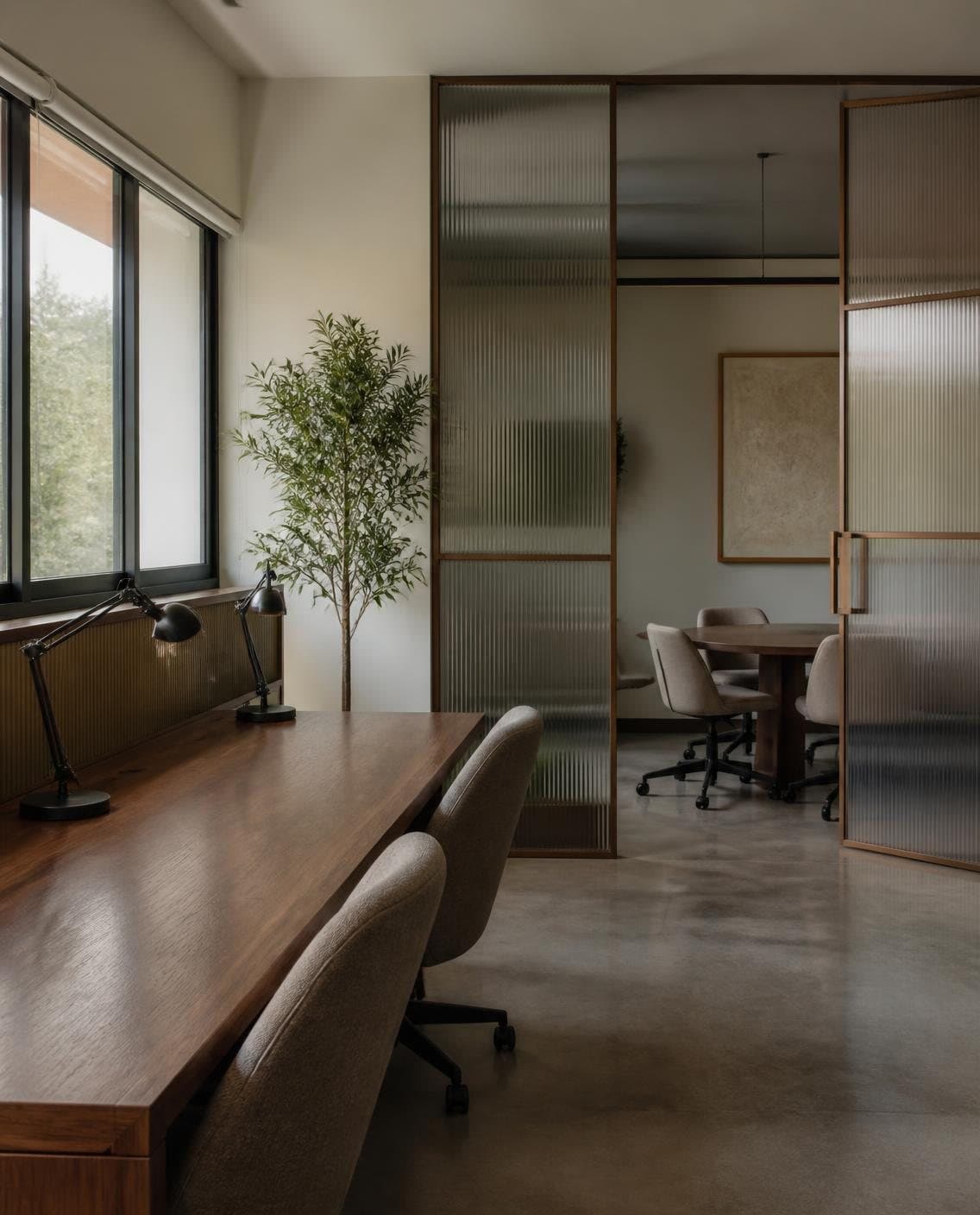 Illustrative office with a long walnut desk and a fluted glass partition in a bronze frame