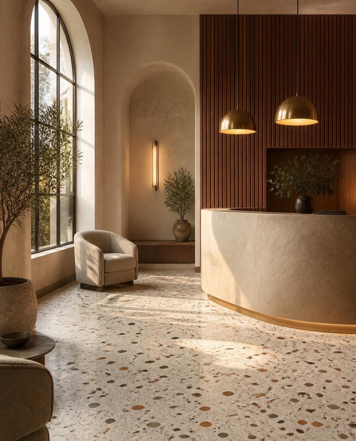Illustrative hotel lobby with terrazzo flooring, a curved plaster reception desk, walnut slats and brass pendant lamps