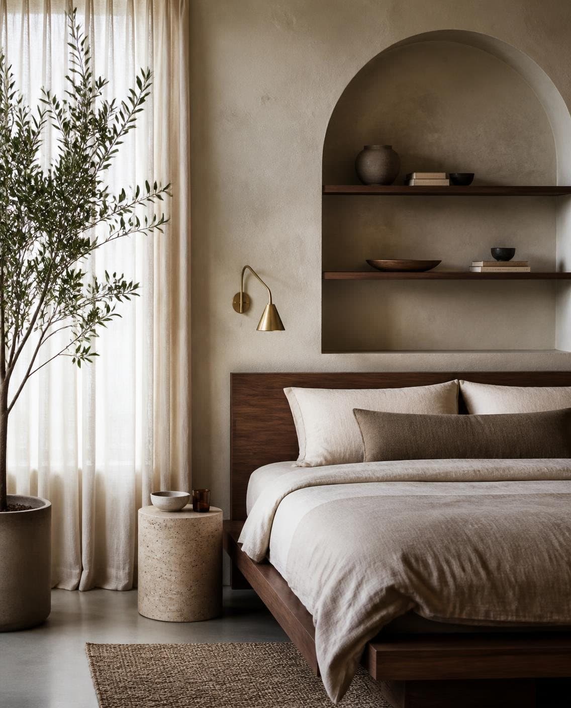 Illustrative bedroom with a walnut bed, linen bedding and an arched plaster niche with shelves