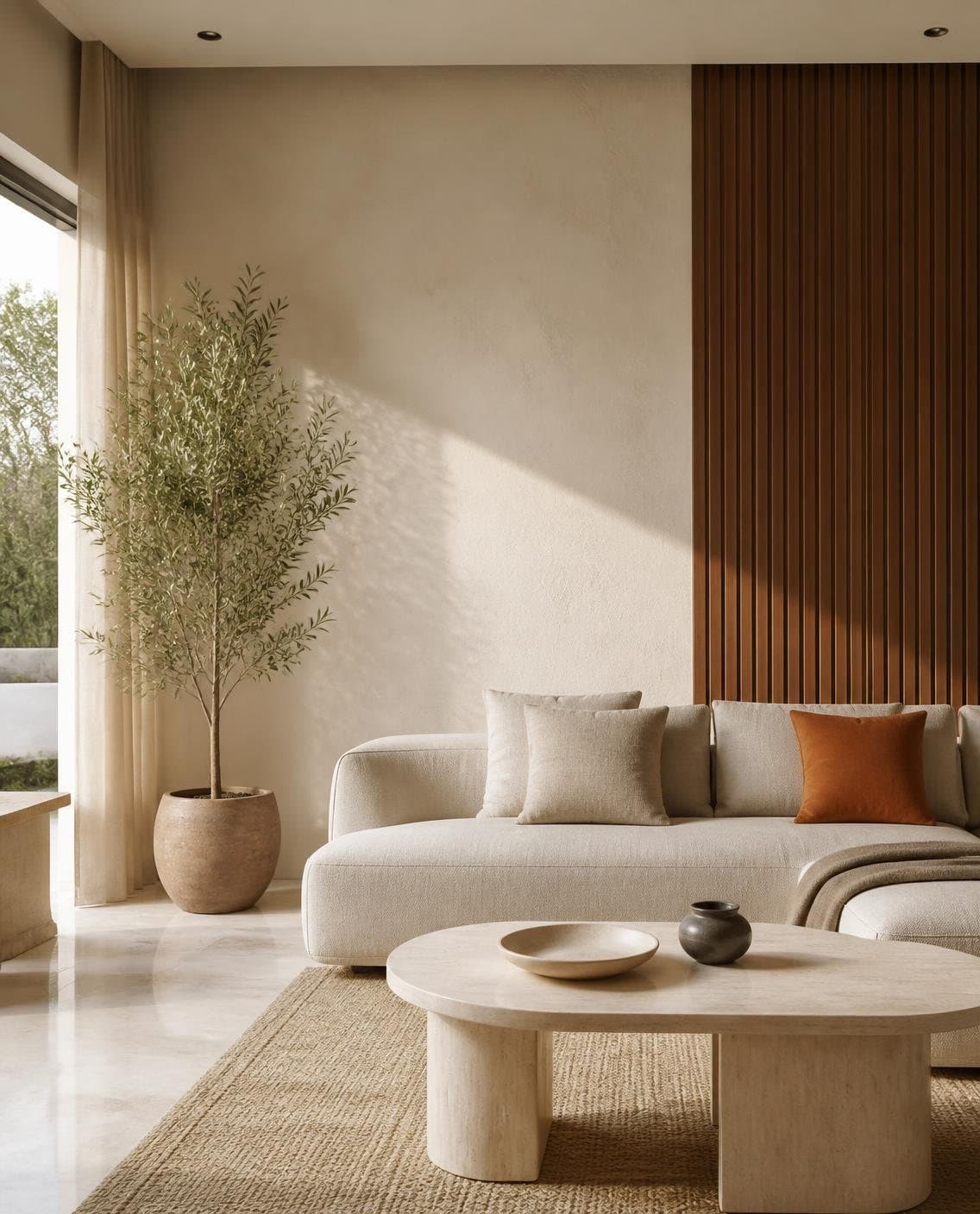Illustrative living room with lime plaster walls, a walnut fluted panel, a linen sofa and a travertine coffee table in soft daylight