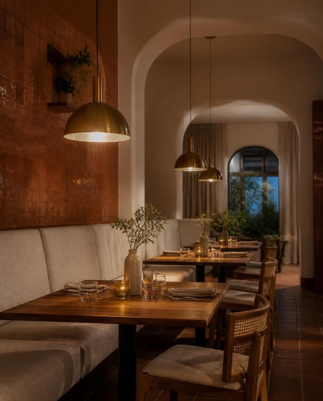 Illustrative restaurant with plastered arches, walnut tables, a linen banquette and brass pendant lamps