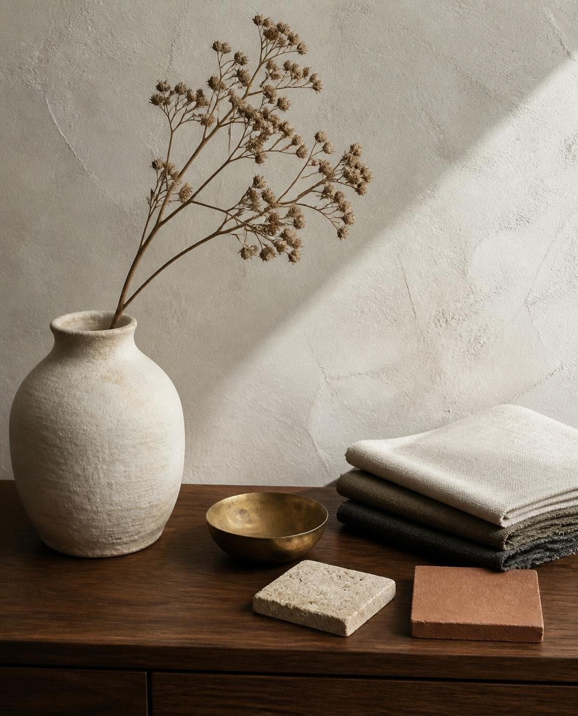 Illustrative styling vignette: stoneware vase with dried branches, brass bowl, linen swatches and stone and terracotta samples