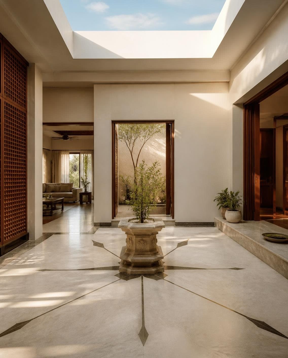 Illustrative home planned on Vastu principles: an open-to-sky central courtyard with a tulsi planter, morning light from the east and a brass compass inlay in the stone floor